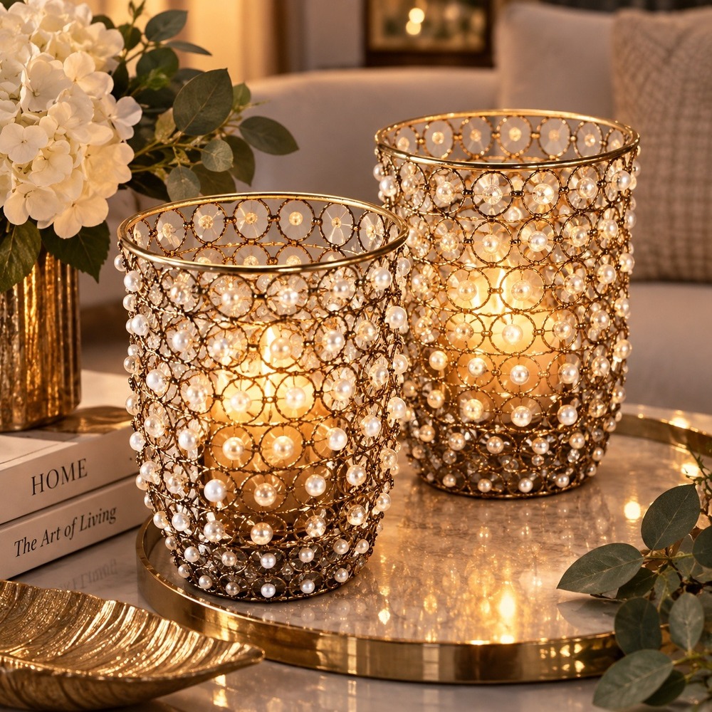 Set of 2 Gold Wire Faux Pearl Beaded Votive Candle Holders Hurricane Glam Decor